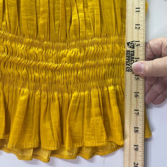 Gold puff sleeve smocked top Sz S boat neckline wide elastic waist, satin feel - Picture 9 of 11
